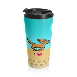 I Love my Goldendoodle Buttercup! Puppy Dog (or Custom Name) Running on the Sunny Day Beach 15 oz Travel Mug